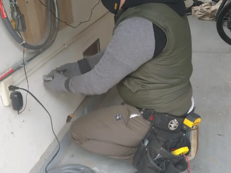 Electrician performing outlet wiring in a Ocean Pines garage